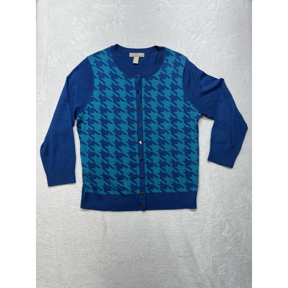 Banana Republic Womens Blue Teal Houndstooth Silk Blend Cardigan Sweater Large